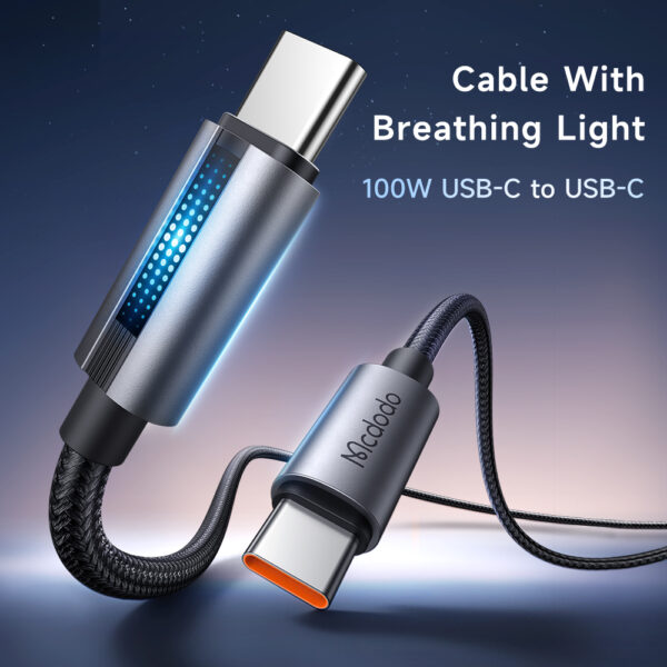 USB-C-zu-USB-C-Schnellladekabel 1.2m mit Atmungslicht, 100W, Nylon, Schwarz – Mcdodo CA-5740