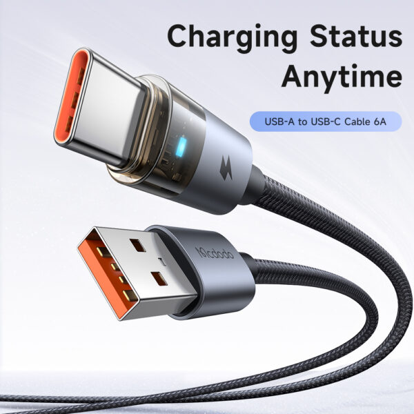 Transparente USB-A-zu-USB-C-Ladekabel mit Eisblauem Licht und 6A Stromstärke – Mcdodo CA-689