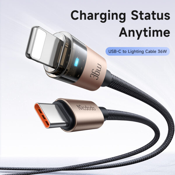 Transparente USB-C auf Lightning Ladekabel mit Ladestatusanzeige – Mcdodo CA-694, 36W, 1.2m