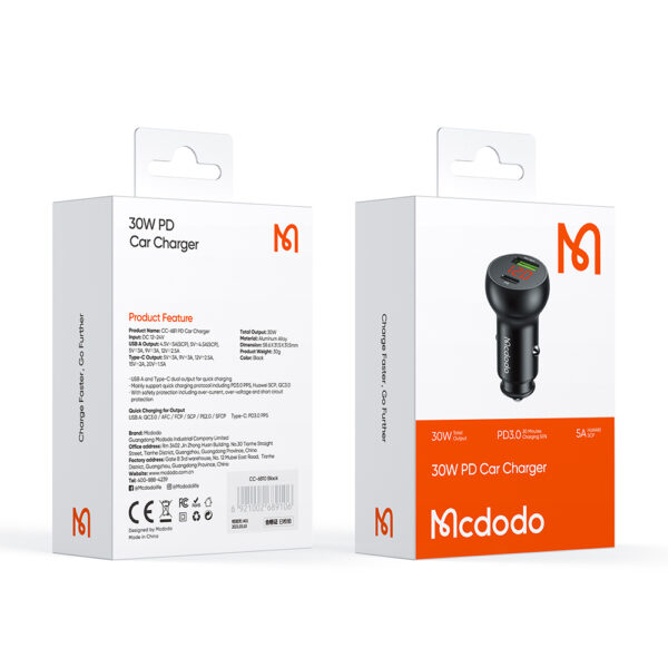 30W Auto-Ladegerät mit Digitalanzeige (PD + 5A Fast Charge) - Mcdodo CC-6810