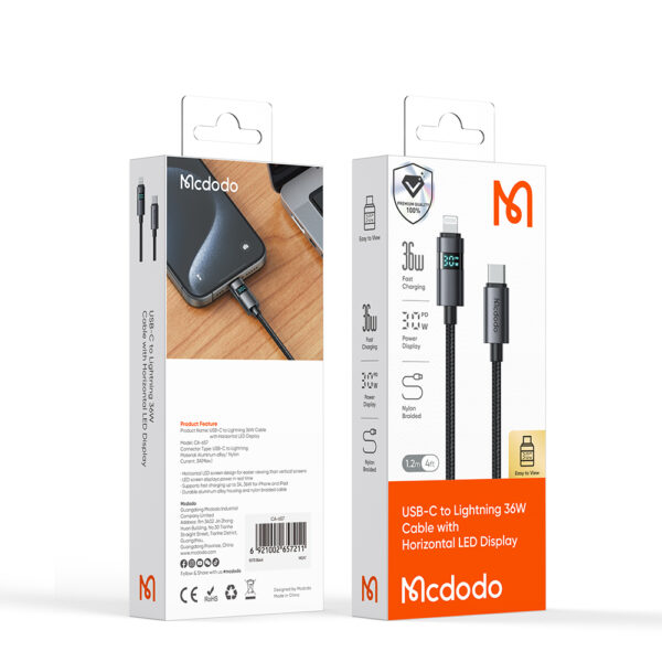 USB-C-zu-Lightning-Kabel mit horizontalem LED-Display, 36W Schnellladen, Modell Mcdodo CA-6570