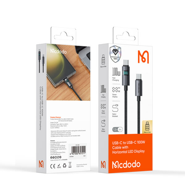 USB-C auf USB-C Ladekabel mit horizontaler LED-Anzeige, 100W Schnellladen, Mcdodo CA-5610