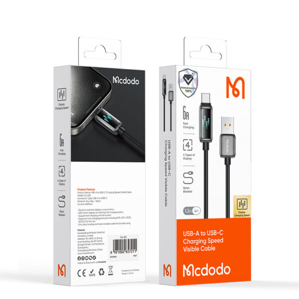 USB-A auf USB-C Ladekabel mit Eisblau-LED-Anzeige, 6A Schnellladung, 1.2 Meter – Mcdodo CA-2350