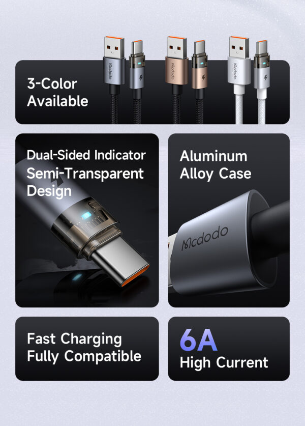 Transparente USB-A-zu-USB-C-Ladekabel mit Eisblauem Licht und 6A Stromstärke – Mcdodo CA-689