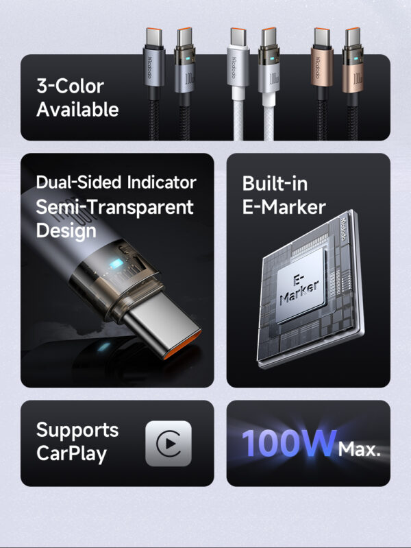 Transparente USB-C-zu-USB-C-Ladekabel mit Eisblauem Licht und 100W Leistung – Mcdodo CA-558