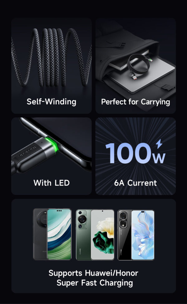 Transparente USB-A-zu-USB-C-Ladekabel Mcdodo CA-5650 mit grünem LED-Licht, magnetischem Design, 6A Schnellladung – 1,2 Meter