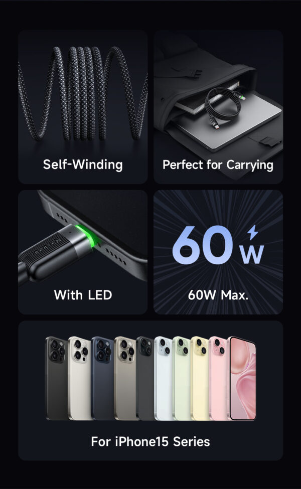 Mcdodo Ladekabel CA-2000 – USB-C zu USB-C, 60W, Selbstaufrollendes Magnetkabel