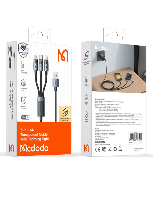 3-in-1 Transparentes 6A Ladekabel mit Ladeanzeige – Modell CA-7150 – Mcdodo
