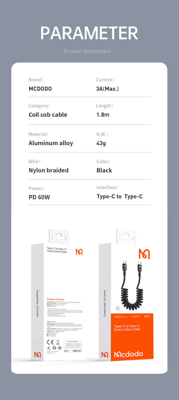 USB-C zu USB-C Spiralkabel 1,8m 60w – Mcdodo CA-7860