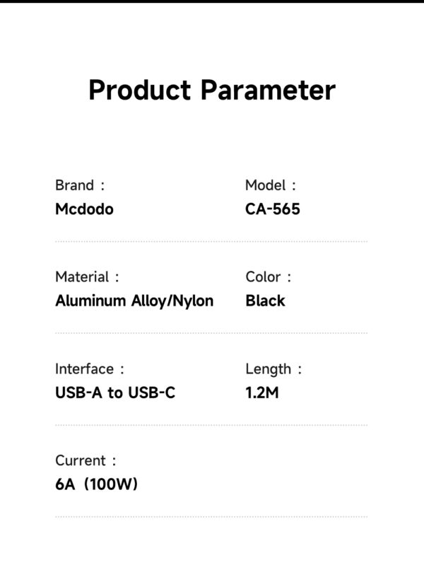 Transparente USB-A-zu-USB-C-Ladekabel Mcdodo CA-5650 mit grünem LED-Licht, magnetischem Design, 6A Schnellladung – 1,2 Meter