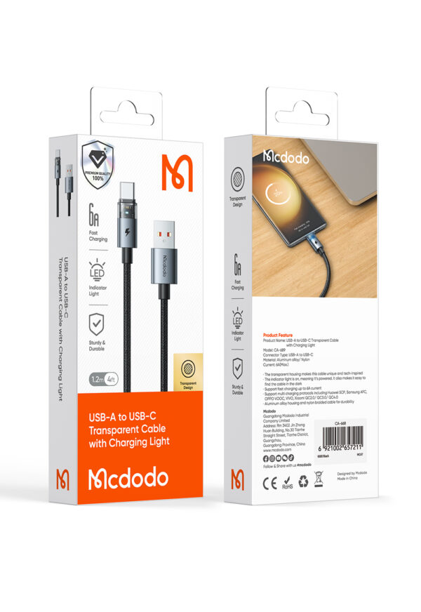 Transparente USB-A-zu-USB-C-Ladekabel mit Eisblauem Licht und 6A Stromstärke – Mcdodo CA-689