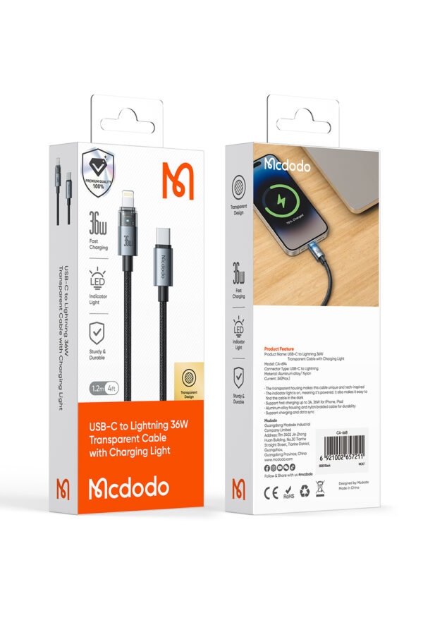 Transparente USB-C auf Lightning Ladekabel mit Ladestatusanzeige – Mcdodo CA-694, 36W, 1.2m