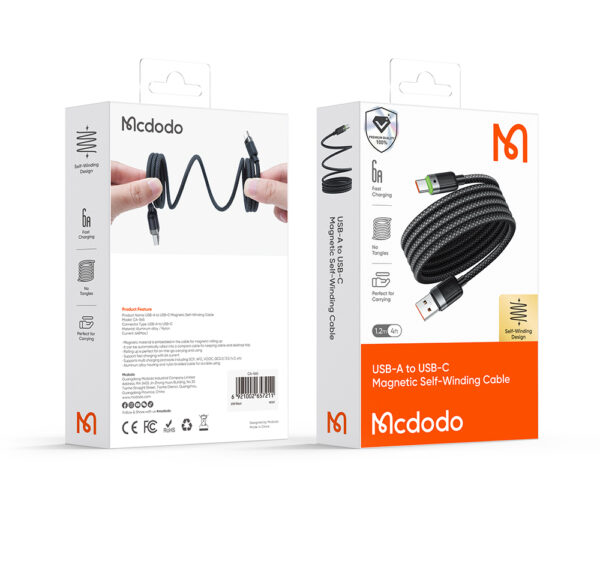 Transparente USB-A-zu-USB-C-Ladekabel Mcdodo CA-5650 mit grünem LED-Licht, magnetischem Design, 6A Schnellladung – 1,2 Meter