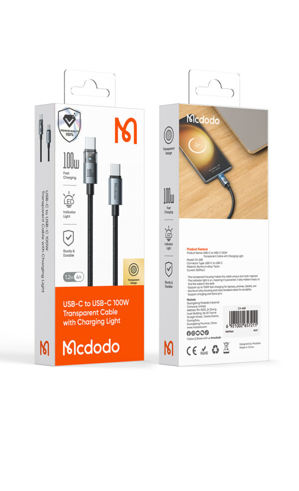 Transparente USB-C-zu-USB-C-Ladekabel mit Eisblauem Licht und 100W Leistung – Mcdodo CA-558