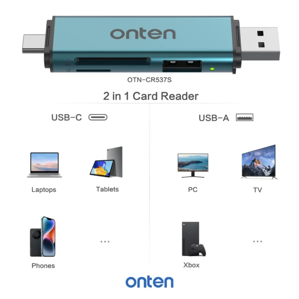 Dualer Kartenleser mit USB-C & USB-A, SD/TF Unterstützung & USB 3.0 Hub - Onten OTN-CR537S