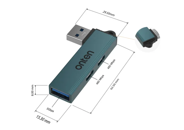 USB-Hub mit 3 Anschlüssen (2x USB-C + 1x USB 3.0) - Onten OTN-US52S