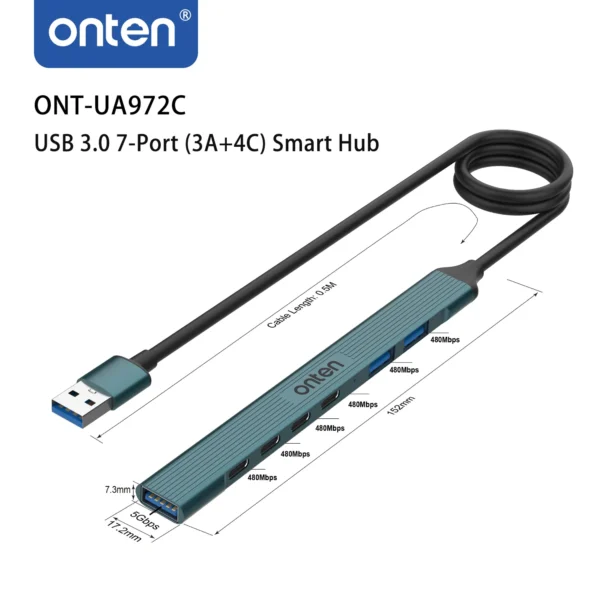 7-Port USB 3.0 Hub mit USB-A & USB-C – Onten OTN-UA972C