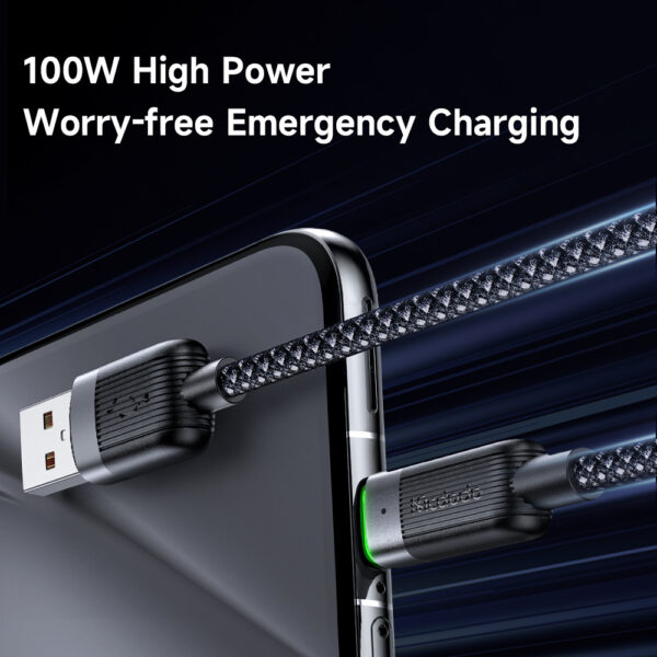 Transparente USB-A-zu-USB-C-Ladekabel Mcdodo CA-5650 mit grünem LED-Licht, magnetischem Design, 6A Schnellladung – 1,2 Meter