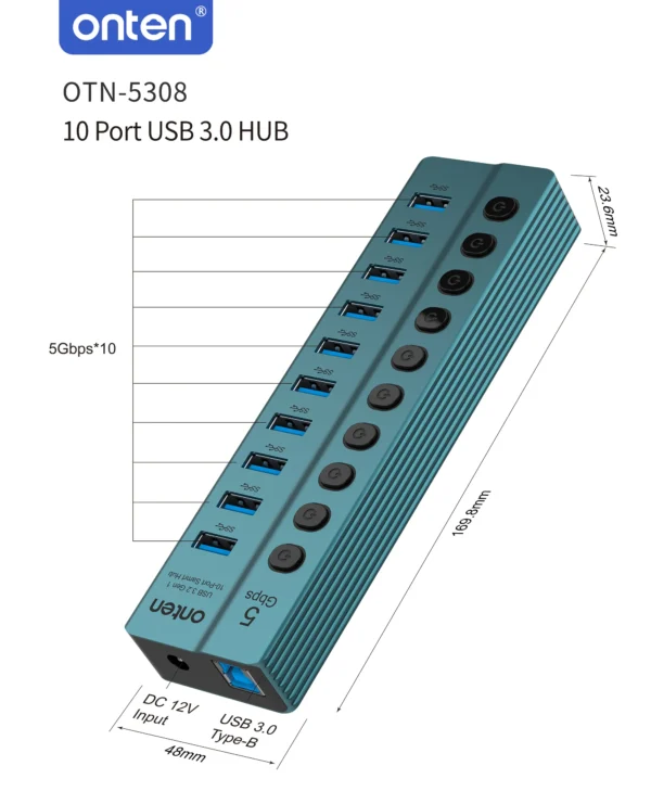 10-Port USB 3.0 Hub mit Einzelschaltern – Onten OTN-5308
