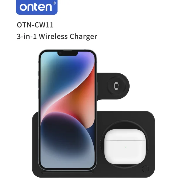 Drahtloses 3-in-1-Ladegerät – Für Smartphone, Smartwatch und kabellose Kopfhörer – Onten OTN-CW12