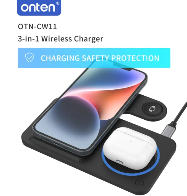 Drahtloses 3-in-1-Ladegerät – Für Smartphone, Smartwatch und kabellose Kopfhörer – Onten OTN-CW12