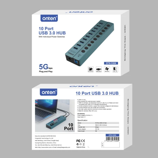 10-Port USB 3.0 Hub mit Einzelschaltern – Onten OTN-5308