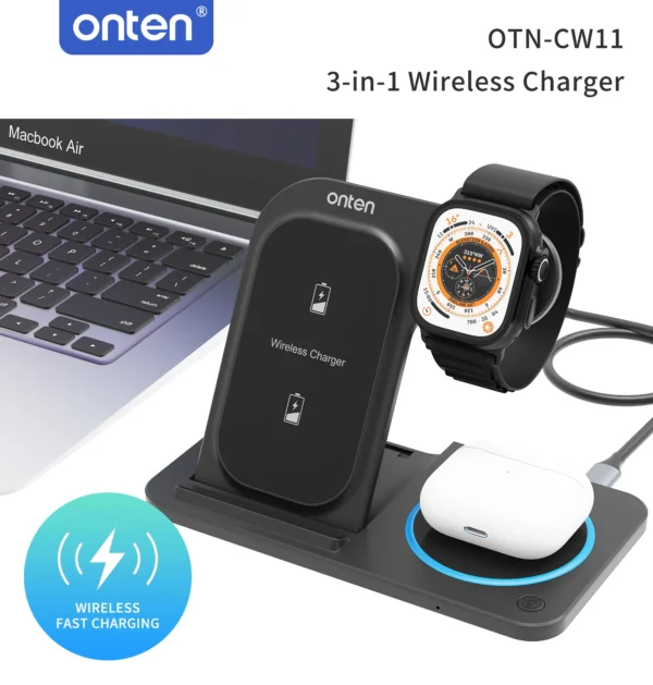 Drahtloses 3-in-1-Ladegerät – Für Smartphone, Smartwatch und kabellose Kopfhörer – Onten OTN-CW12