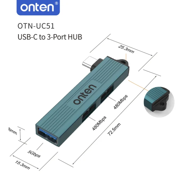 USB-C-Hub mit 3 Anschlüssen (1x USB 3.0 + 2x USB 2.0) - Onten OTN-UC51