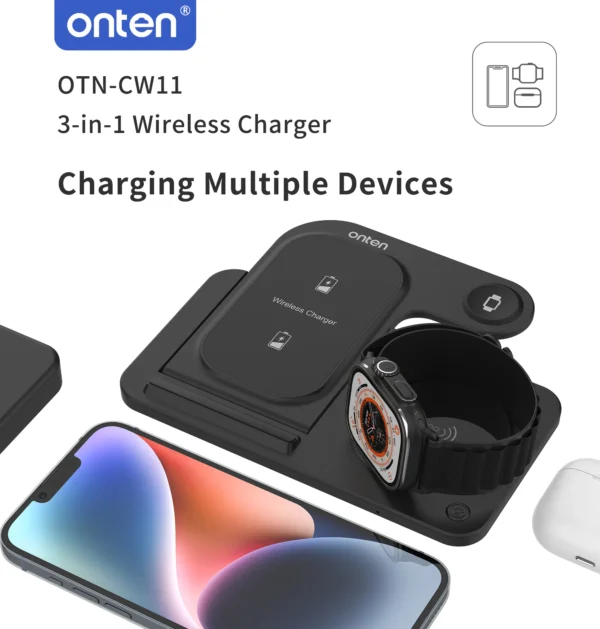 Drahtloses 3-in-1-Ladegerät – Für Smartphone, Smartwatch und kabellose Kopfhörer – Onten OTN-CW12