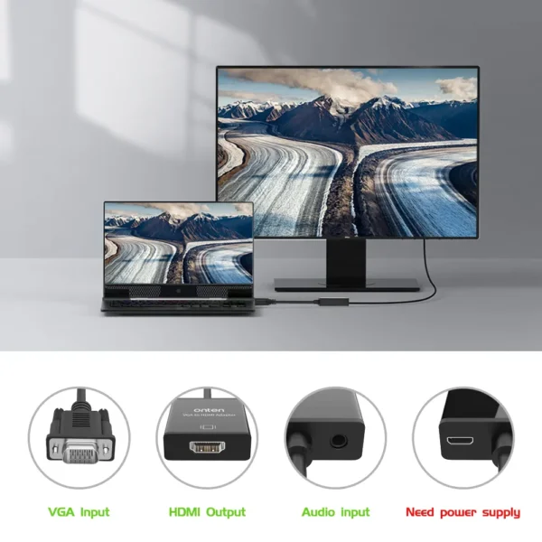 3-in-1 VGA-zu-HDMI-Adapter mit Audio & Strom – Onten OTN-5138+