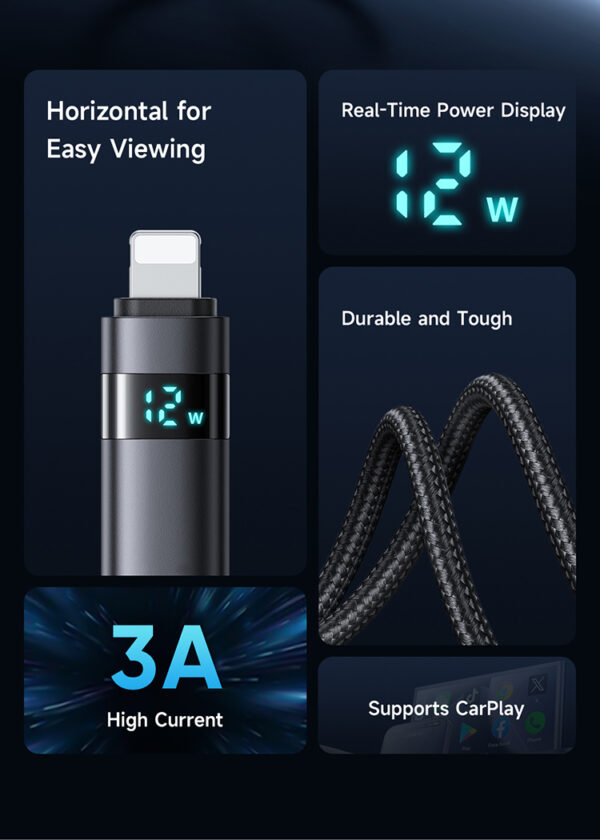 USB-A-zu-Lightning-Ladekabel mit horizontalem LED-Display und 3A Stromstärke – Modell CA-6490
