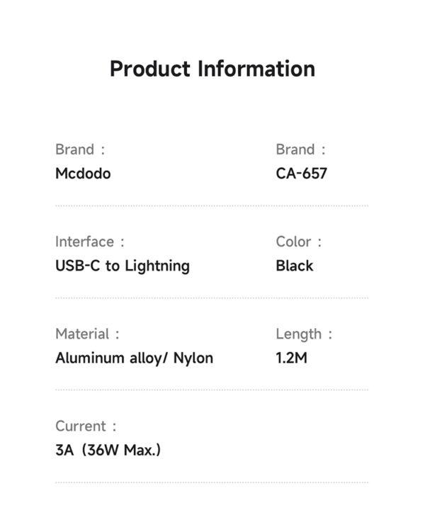 USB-C-zu-Lightning-Kabel mit horizontalem LED-Display, 36W Schnellladen, Modell Mcdodo CA-6570