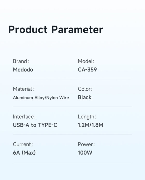 USB-A auf USB-C Schnellladekabel 100W – 1.8m – Mcdodo CA-3591