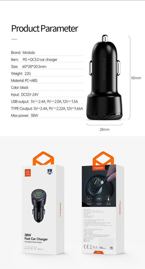 38W Auto-Schnellladegerät mit PD & QC3.0 – Mcdodo CC-5970