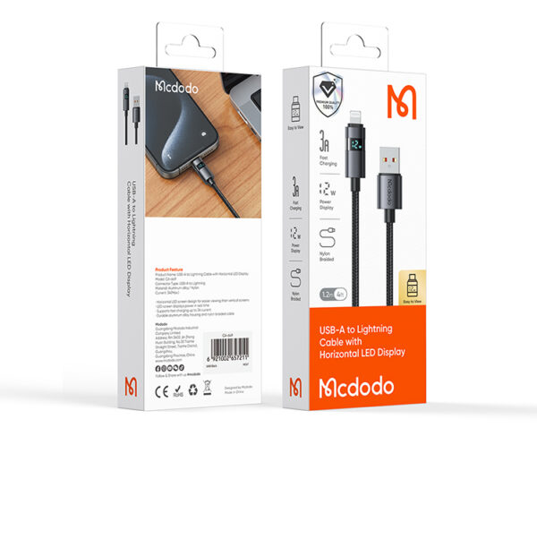USB-A-zu-Lightning-Ladekabel mit horizontalem LED-Display und 3A Stromstärke – Modell CA-6490