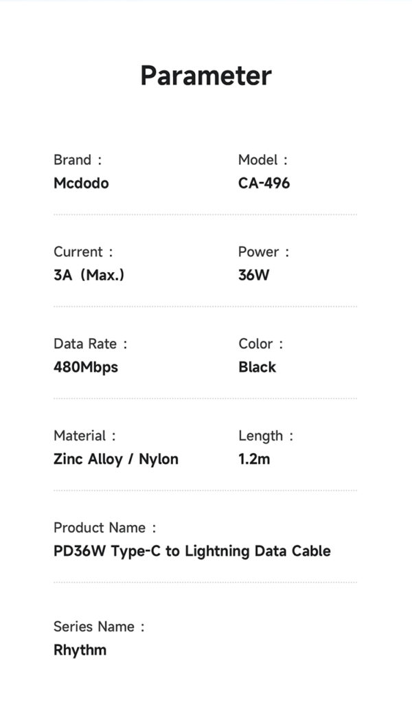 Lightning-Ladekabel mit Rhythmus-LED-Anzeige, 36W, 1,2 m – Mcdodo CA-4960