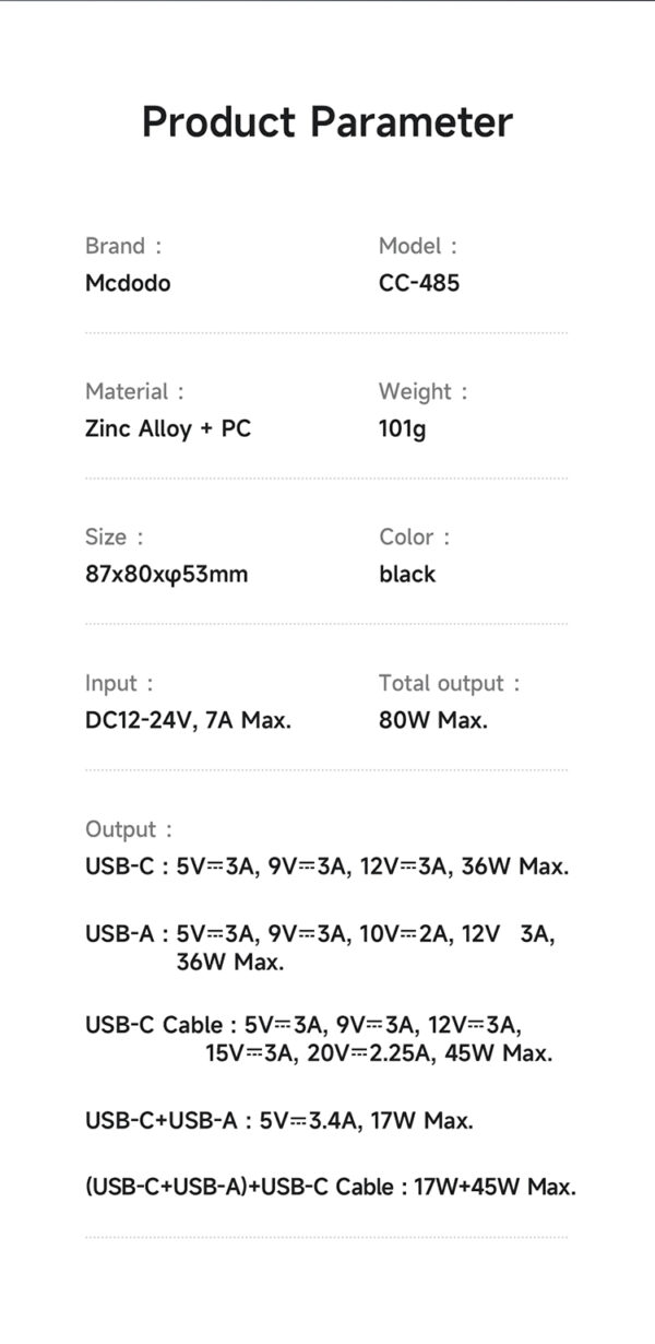 80W Kfz-Ladegerät mit integriertem USB-C-Kabel - Mcdodo CC-4850