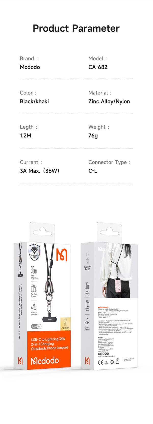 Lanyard-Ladekabel Typ C auf Lightning 1.2m 36W – Mcdodo CA-682