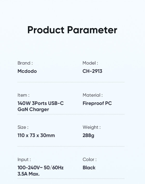 140W GaN5 Pro Schnellladegerät + 1.2m 240W USB-C zu USB-C Kabel – Mcdodo CH-2913