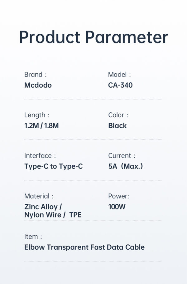 USB-C auf USB-C Schnellladekabel mit 90°-Design 1.2m – Mcdodo CA-3400