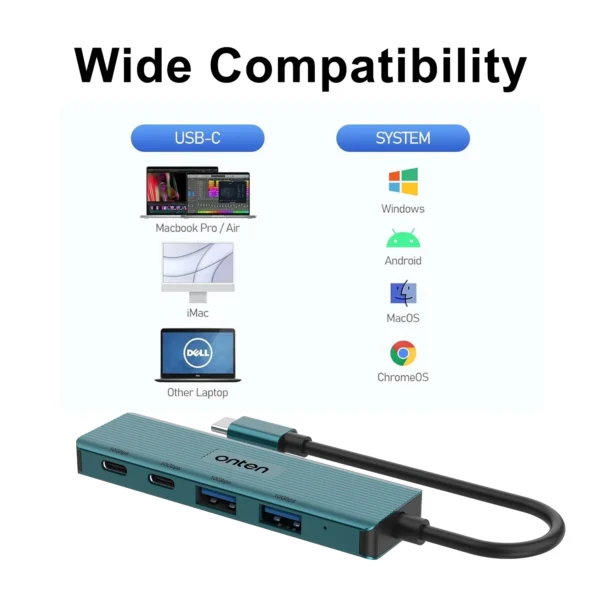 USB-Hub mit 4 Anschlüssen (2x USB 3.2 + 2x USB-C 3.2) – 10 Gbps High Speed - Onten OTN-UC622