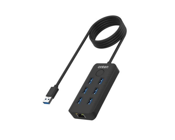 USB 3.2 Gen 1 Hub mit 6 USB 3.0 Ports + RJ45 Netzwerkanschluss und One-Click-Sperrtaste – Onten OTN-8121