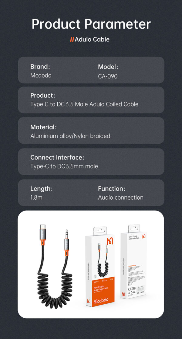 USB-C auf 3,5mm Klinke Spiralkabel 1.8m – Mcdodo CA-0900