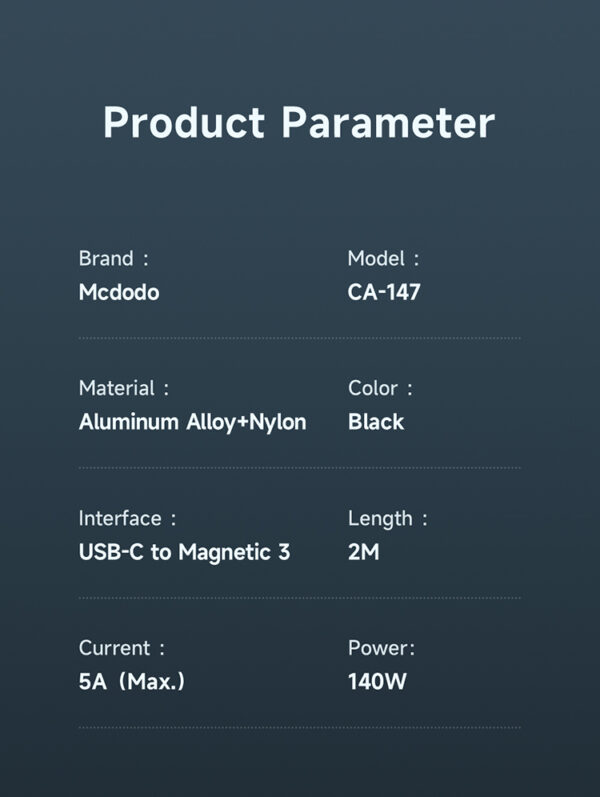 Magnetisches USB-C-zu-Magsafe-3-Ladekabel 140W, 2 Meter - Mcdodo CA-1470