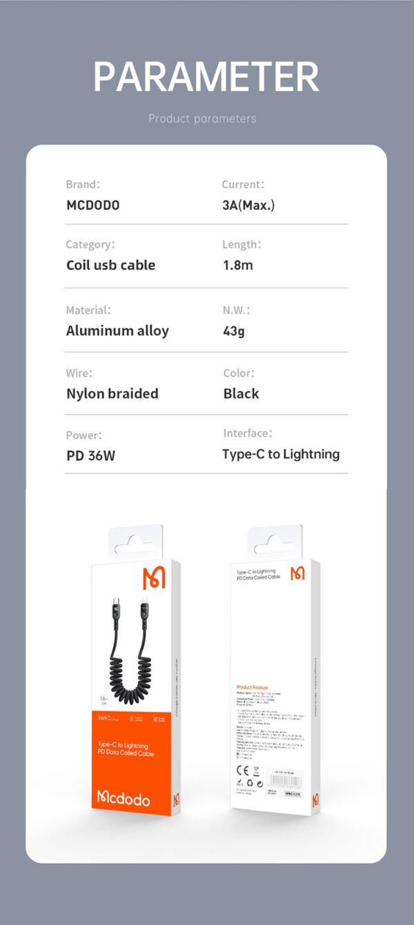 Spiralkabel USB-C auf Lightning 1,8 M - Mcdodo CA-1960