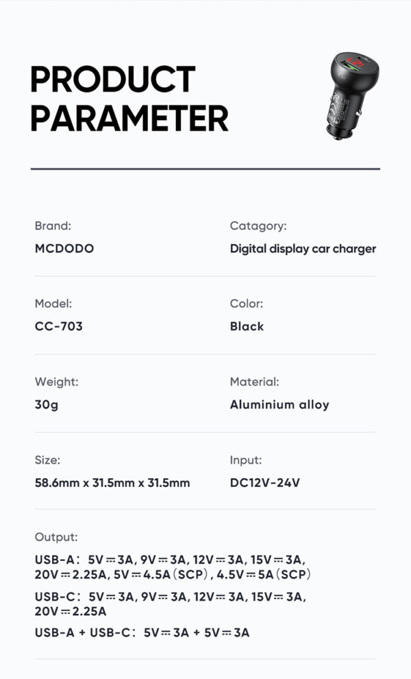 45W Digitaler Auto-Ladegerät mit Display – Mcdodo CC-7030