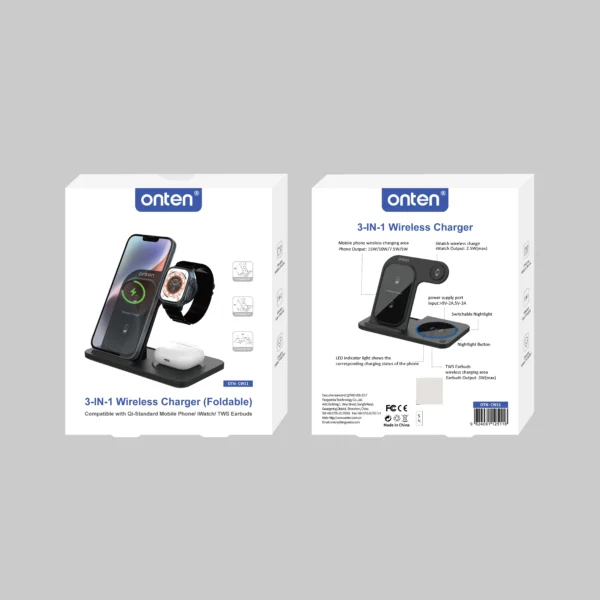 Drahtloses 3-in-1-Ladegerät – Für Smartphone, Smartwatch und kabellose Kopfhörer – Onten OTN-CW12