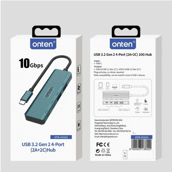 USB-Hub mit 4 Anschlüssen (2x USB 3.2 + 2x USB-C 3.2) – 10 Gbps High Speed - Onten OTN-UC622