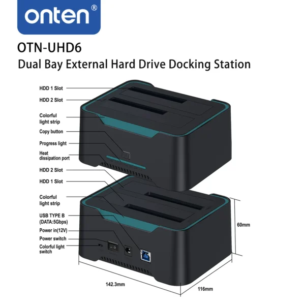 Dual-Bay Dockingstation für externe Festplatten – Onten OTN-UHD6