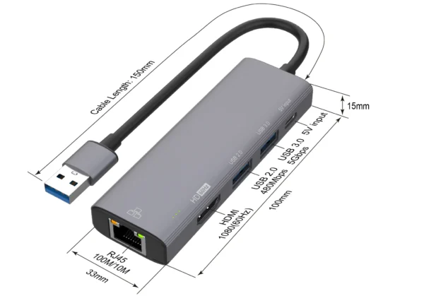 USB-zu-HDMI-Hub mit 5 Anschlüssen: RJ45, USB 3.0, USB 2.0, USB-C und HDMI-Ausgang (1080p) - Onten OTN-US125
